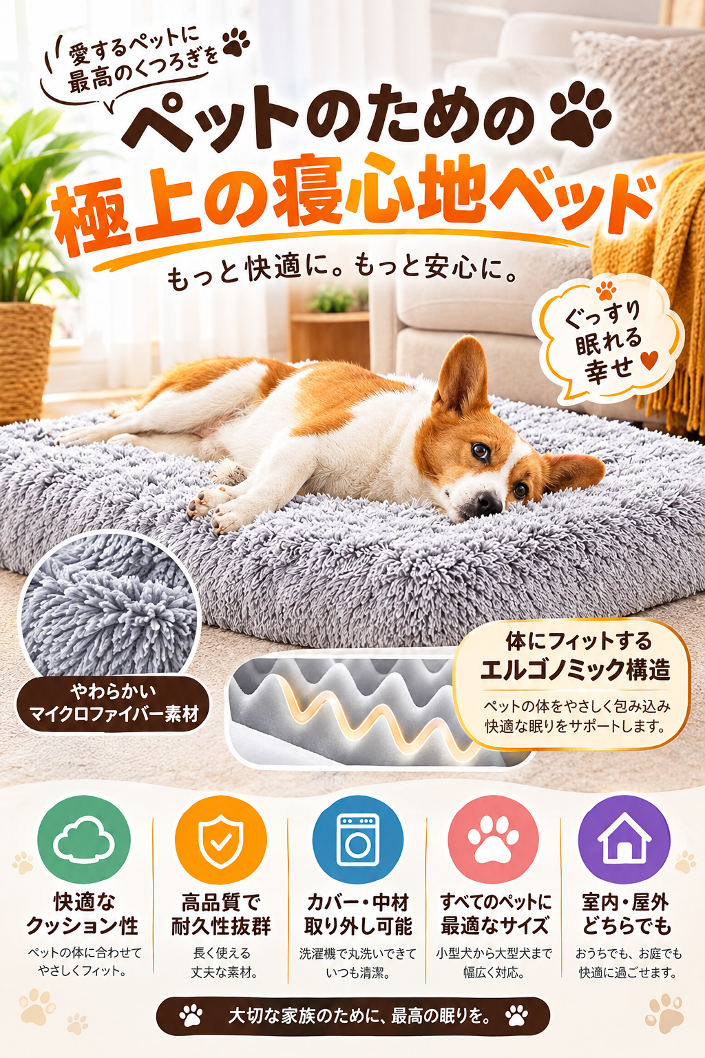 Pet Sleep Ergonomic Bed-ペット用快適エルゴノミックベッド